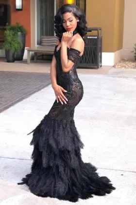 luxury feather prom dress black sequin off the shoulder mermaid long formal gown