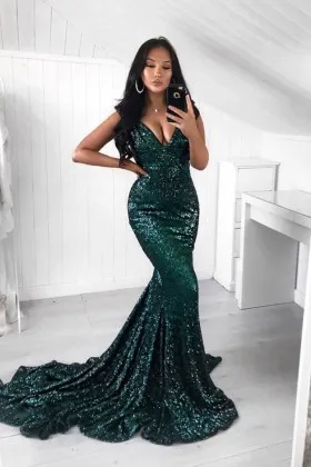 sparkly elegant hunter green sequin mermaid prom dress