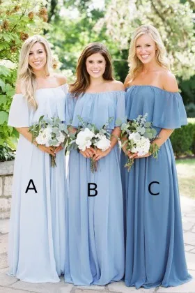 Beautiful blue chiffon off the shoulder long dresses