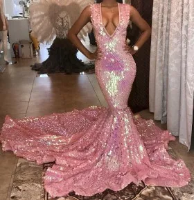 Bedazzled pink scaled sequin trumpet long train plunging neckline prom dress