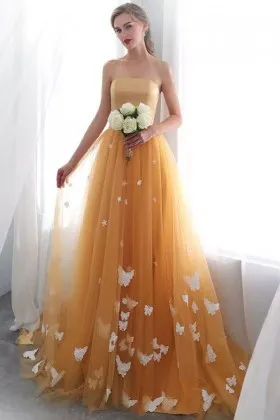 Stunning white butterfly embellished tangerine tulle floor length prom dress
