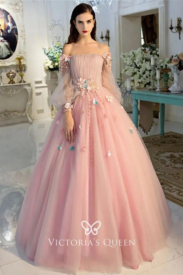 flowers petals baby pink sheer long sleeve prom ball gown flowers petals baby pink sheer long sleeve prom ball gown