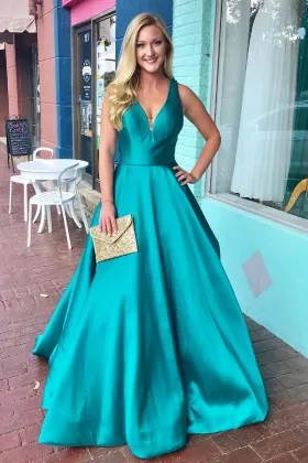 simple turquoise satin designer puffy long evening prom gown