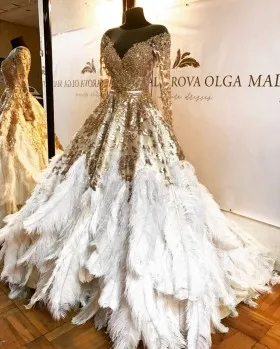 Gold lace and sequin with ostrich feather unique ball gown prom dress