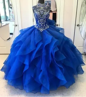 Illusion beaded vintage ruffled royal ball gown Quinceanera prom dress