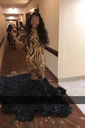 Unique gold sequin with black petals long train African American prom dress