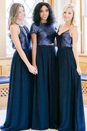 Navy blue sequin and chiffon A line long mismatched bridesmaid dresses
