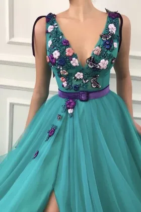 Multi color handmade 3D flowers teal tulle high split evening dress