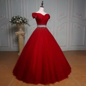 Charming beaded off the shoulder red tulle ball gown prom dress