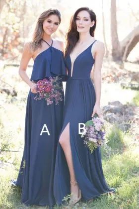 dusty blue chiffon mismatched long bridesmaid dresses