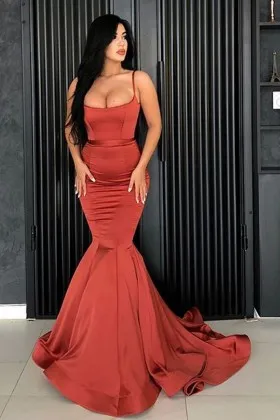 Scarlet red satin scoop neck mermaid long prom dress for curvy figures