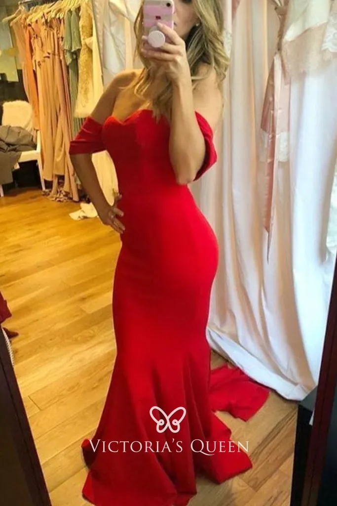 Sweetheart neckline with off the shoulder straps red prom dress Sweetheart neckline with off the shoulder straps red prom dress