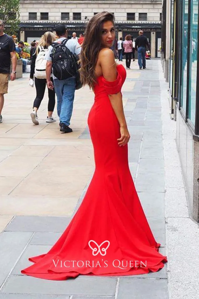 off the shoulder straps red prom dress with long train off the shoulder straps red prom dress with long train