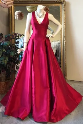 Shimmering ruby satin V neck puffy A line long prom dress