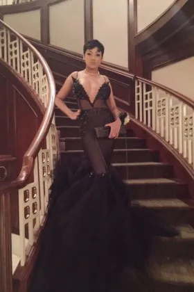 Beaded sexy sheer black plunging V neckline trumpet long prom dress