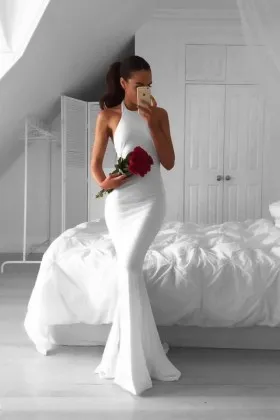Sexy low back body hugging halter neck white mermaid long prom dress
