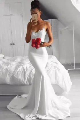 Elegant white lace scoop neckline with spaghetti straps mermaid prom dress