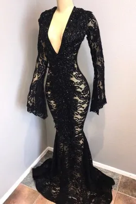 Unique black lace plunging neckline long sleeve mermaid long prom dress