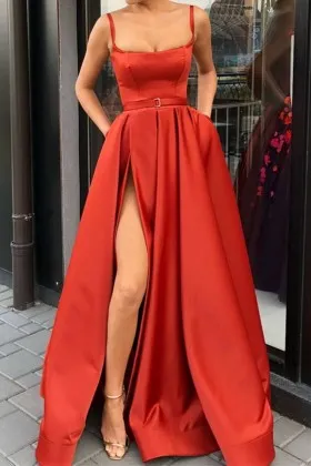Scarlet red satin scoop neck split long prom dress with pockets