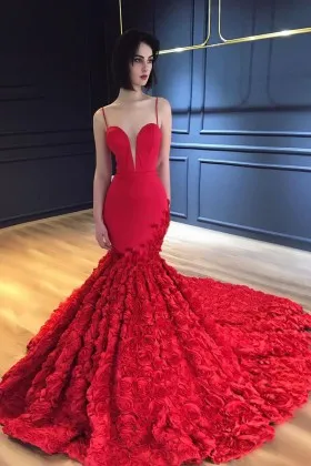 Red mermaid 3D rosette flowers long train unique prom dress