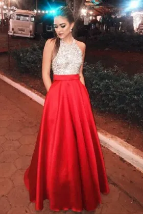 Sparkly beaded halter bodice red satin with pockets long prom dress