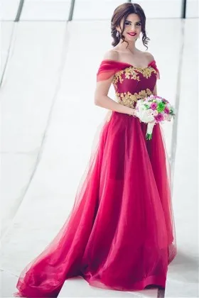 Unique red tulle with gold lace appliques off the shoulder long prom dress