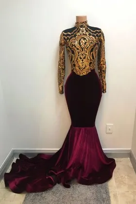 Uniquely Gold Sequin with Plum Velvet Long Sleeve Mermaid Prom Dress