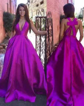 Feminine magenta satin V neck ball gown prom dress