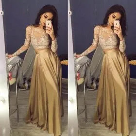 Dark gold lace and satin two piece long sleeve A line long prom dress