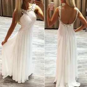 Criss cross pleated white chiffon with diamond low back long prom dress