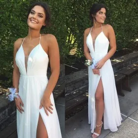 Simple sexy white chiffon plunging neckline side split prom dress