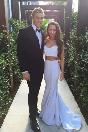 Feminine white spandex two piece long mermaid engagement prom dress