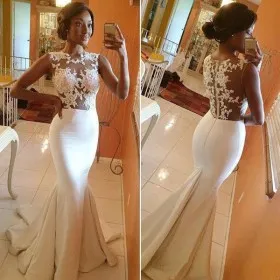 Illusion ivory lace bodice satin mermaid long prom dress