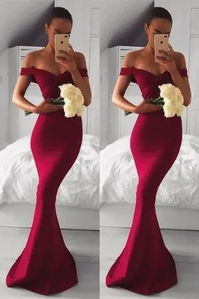Dark red soft satin off the shoulder mermaid long prom dress