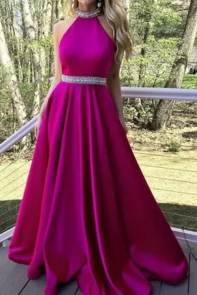 Charming magenta with beaded halter neck and beaded belt designer prom dress