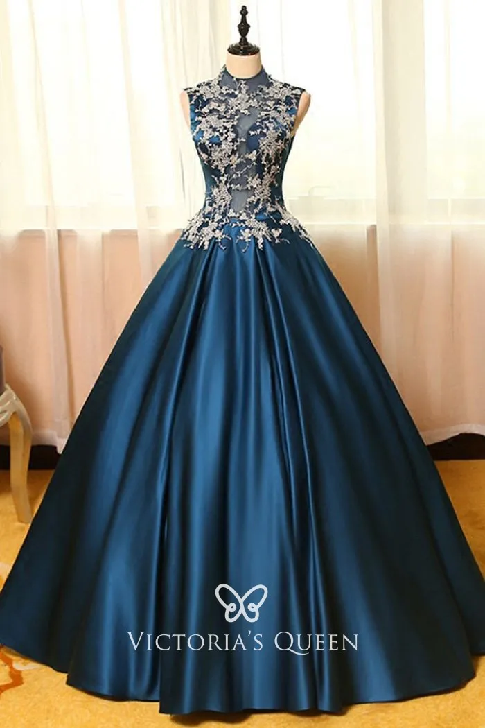 Vintage navy blue satin with lace appliqued high neck formal ball gown