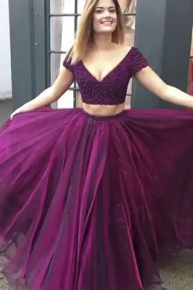 two piece cap sleeve designer magenta long prom gown