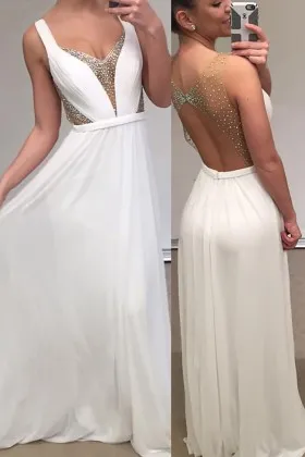 Pearls Illusion plunging neck White Chiffon Prom Dress