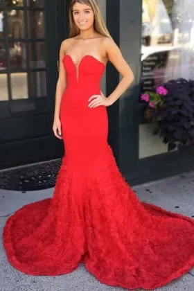 modern strapless red 3D rosette long mermaid prom dress