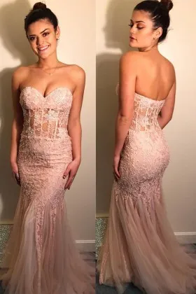 Strapless sweetheart corset pearls pink prom dress