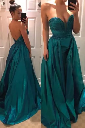 Strapless sweetheart teal satin floor length prom gown