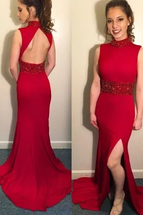 high neck slit open back beaded red long prom dress