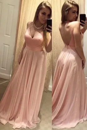 open back pink satin and chiffon A line long prom dress