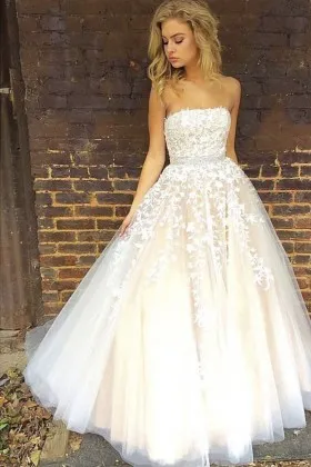 lace white tulle champagne strapless puffy engagement dress