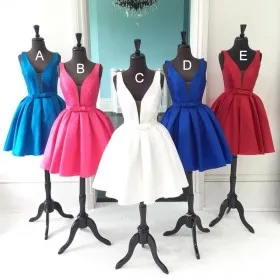 short sleeveless V neck satin cocktail homecoming dress