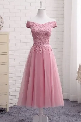 pretty tea length candy pink lace homecoming dress