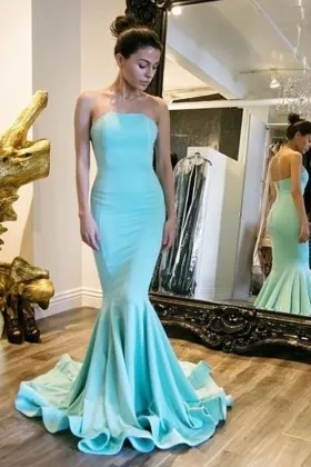 strapless mermaid tiffany blue flounced long prom gown