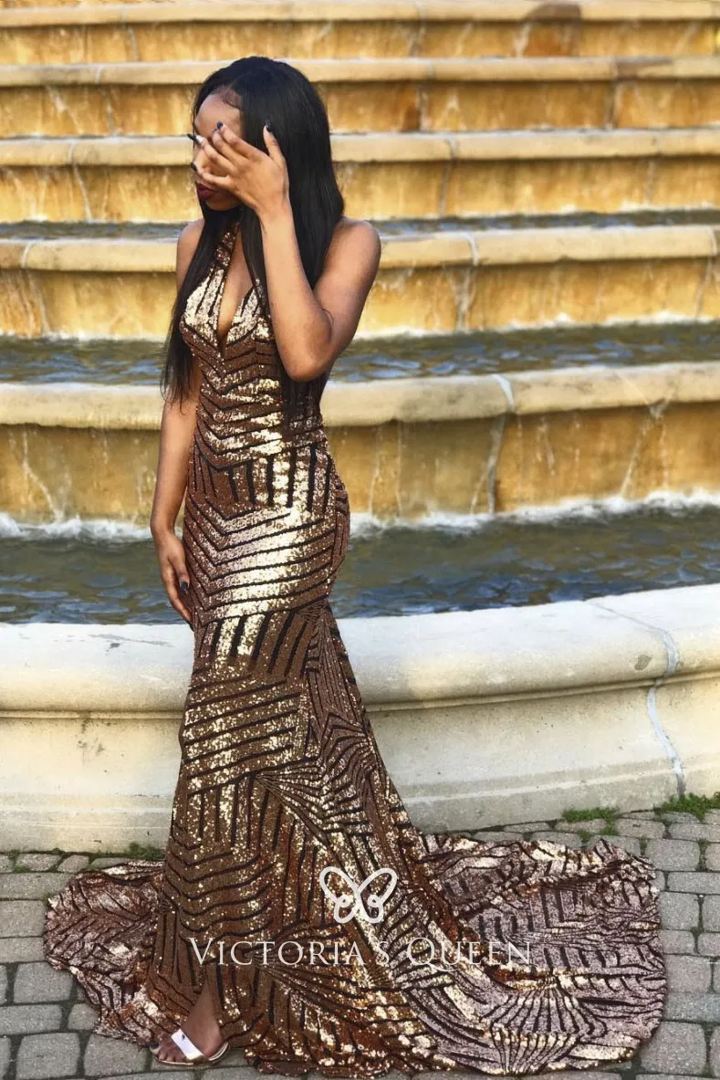 African American Black Stripe Gold Sequin Prom Dress VQ