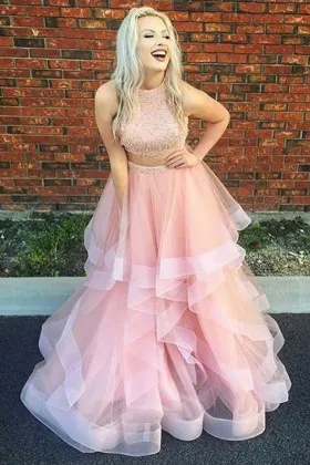 pearl embellished high neck two piece long prom dress