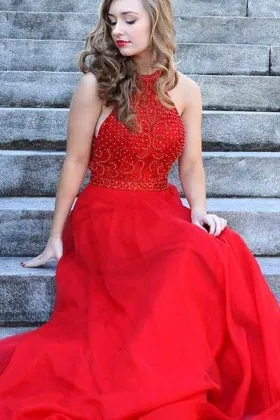 classy high slit beaded red long engagement prom gown